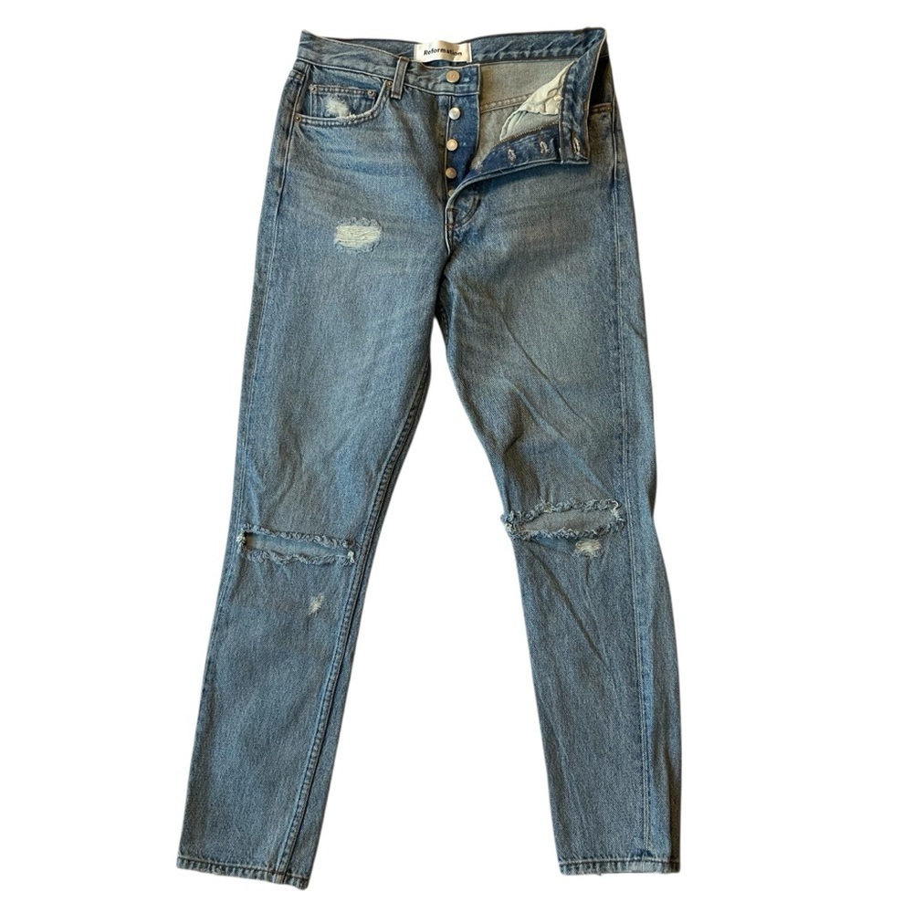 Reformation Mid rise skinny jeans 28 Button fly Savu light blue wash Distressed